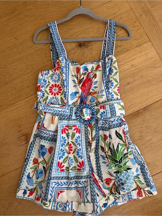FARM Rio Dresses & Skirts - FARM Rio White Floral & Tropical Print romper with Blue Trim
